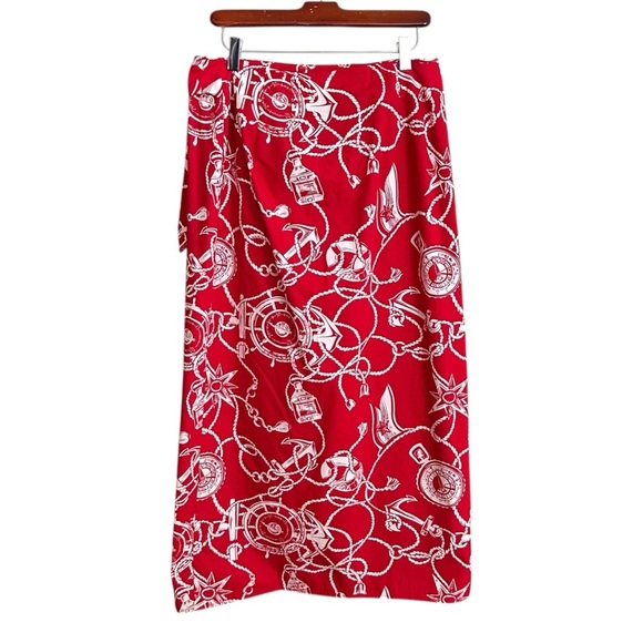 TALBOTS Vintage Red Cotton Nautical MIDI Wrap Skirt Americana Graphic Size 12 - Picture 2 of 14